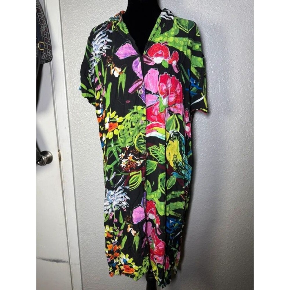 Vintage 90s Jams World Rayon Shirtdress Tropical Floral Hawaii NO size likely xl